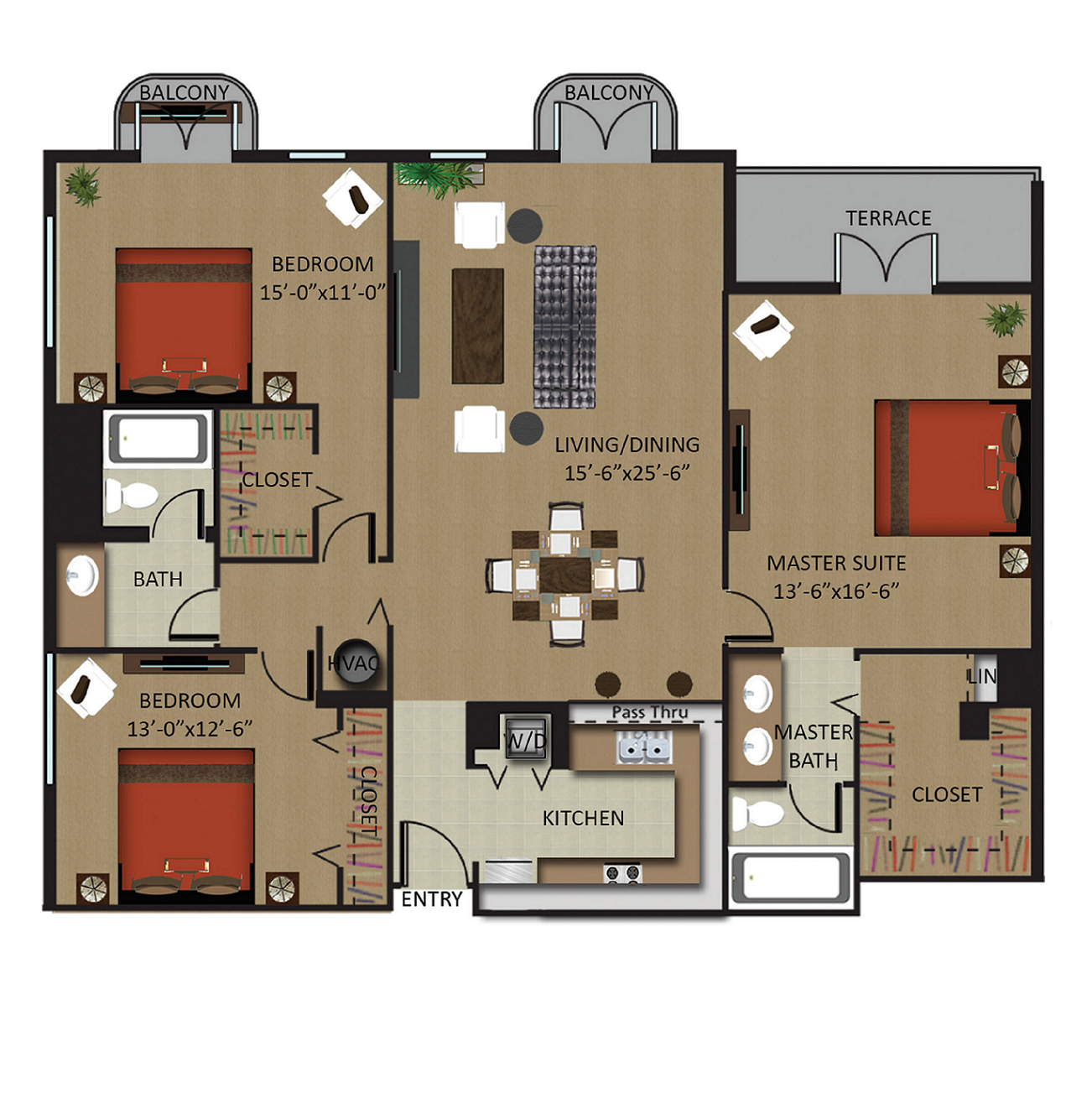 Floor plan for 3 beds, 2 baths, 1455 sqft